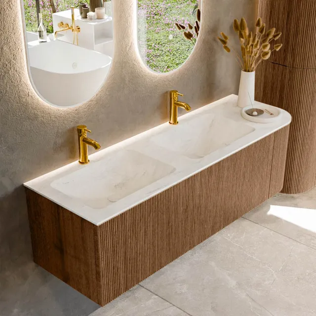 Mondiaz KURVE-DLUX 145 cm Onderkast Greeploos 1 Lade Met Deuren Walnut, Wastafel Solid Surface Links Opalo 2 Kraangaten Zonder Spiegel (KRVLEA145R1L1D2KD-Wal/Opa)