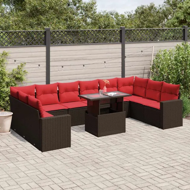 vidaXL 11-delige tuinbankset met kussens, bruin polyrotan