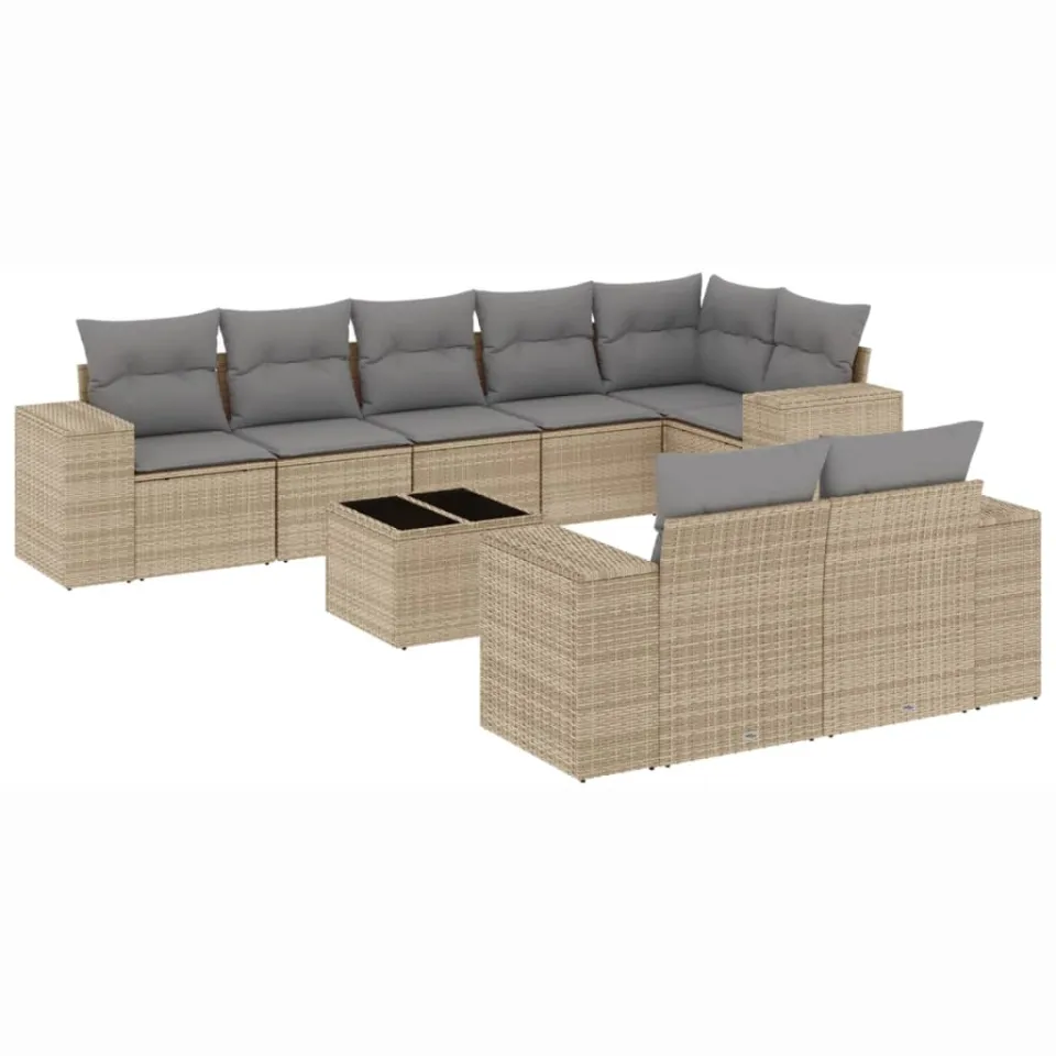 vidaXL 9-delige Loungeset met kussens poly rattan beige