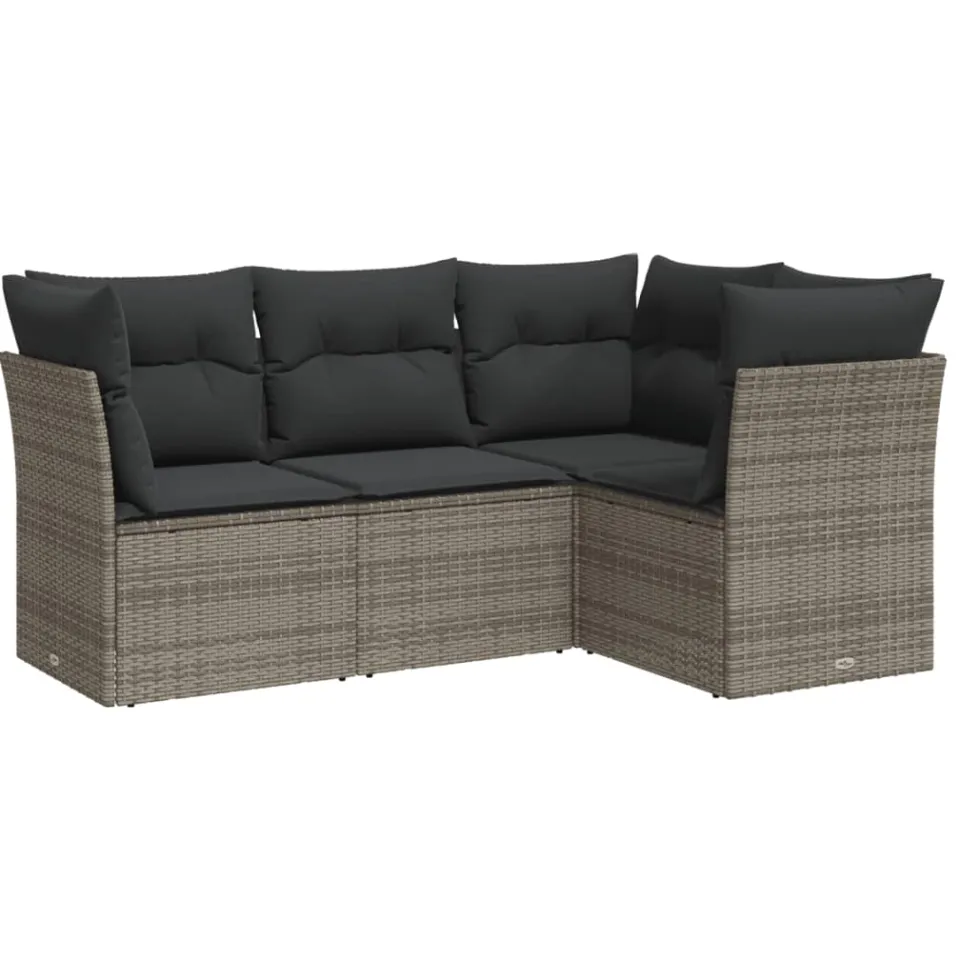 vidaXL 4-delige Loungeset met kussens poly rattan grijs, foto 3