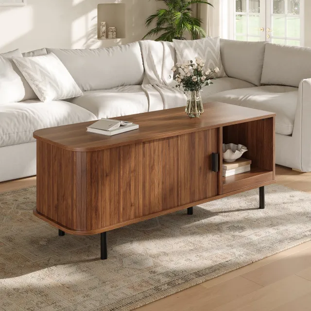 OKWISH Salontafel Walnut Met Schuifdeur En Open Vakken Moderne Rechthoekige Woonkamer Tafel Met Metalen Poten 110x40x55 Cm