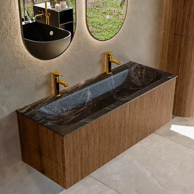 Mondiaz KURVE-DLUX 120 cm Onderkast Greeploos 1 Lade Zonder Deuren Walnut, Wastafel Solid Surface Volledig Lava 2 Kraangaten Zonder Spiegel (KRVBGL1201L0D2KM-Wal/Lav)