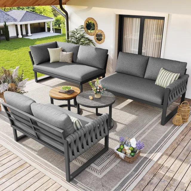 Merax Tuinset met verstelbare poten, waterafstotende & afneembare kussens, tuinloungeset voor 5-6 personen, modulair voor balkon tuin terras, inclusief alle zit- en rugkussens, grijs