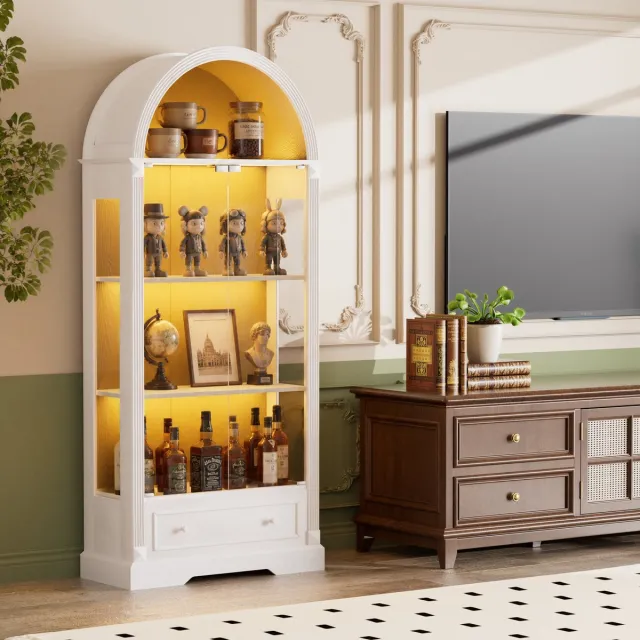 REDOM Vitrinekast - Gewelfde vorm - Gehard glazen deuren - LED verlichting - Moderne landelijke stijl - Woonkamer, keuken en eetkamer - MDF en gehard glas - Wit - 80 x 35 x 180 cm