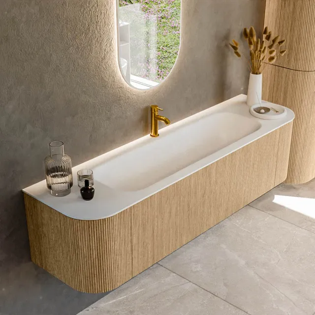 Mondiaz KURVE 170 cm Onderkast Greeploos 1 Lade Met Deuren Oak, Wastafel Solid Surface Midden Talc 1 Kraangat Zonder Spiegel (KRVBGL170L+R1L2D1KM-Oak/Tal)