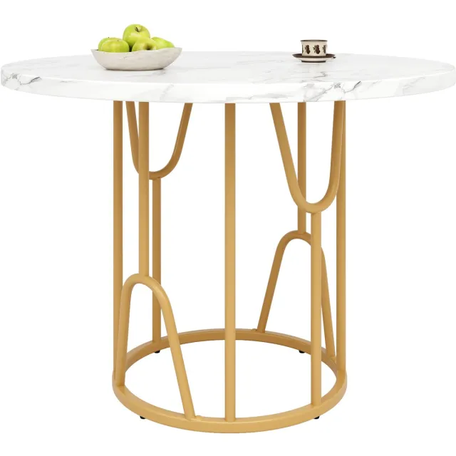 Merax Ronde Eettafel 80 cm - Keukentafel - Marmerlook MDF Tafelblad - Goudkleurig Metalen Onderstel - Voor 4-6 eters