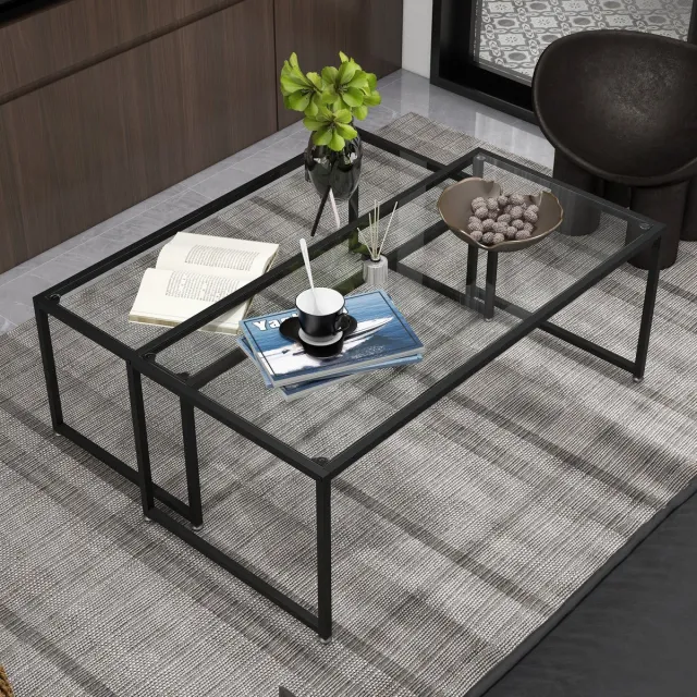 COVREO Salontafel 119x56 cm zwart, staal en glas set van 2 stapelbaar Transparant