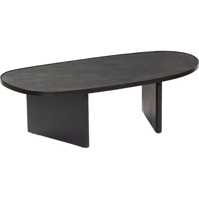 sweeek Ovale salontafel van mangohout en steenfineer, metalen rand Zwart