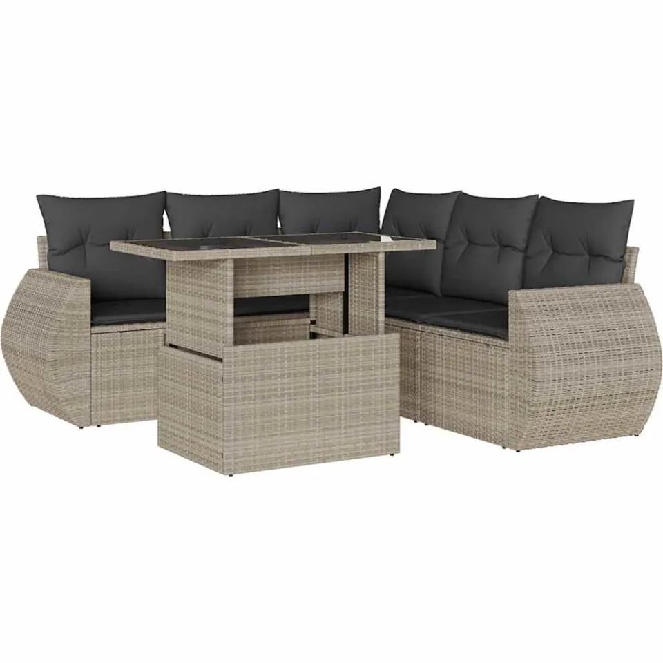 vidaXL 6-delige Loungeset met kussens poly rattan lichtgrijs grijs, foto 3