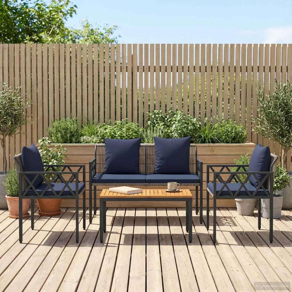 vidaXL tuinmeubelset 4 st Grijs en Marineblauw poly rattan, foto 3