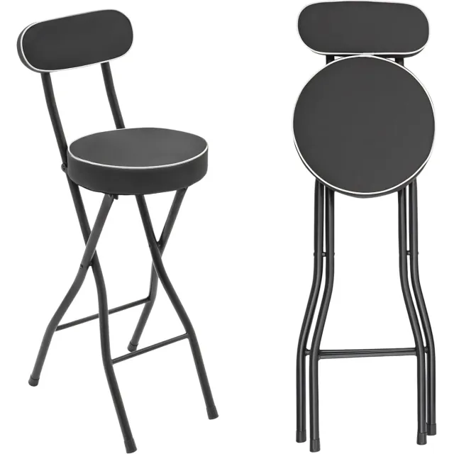Happiq 2-delige Opvouwbare Barkruk Set 65 CM – Hoge Stoel met Rugleuning en Kussen, Inklapbare Counter Height Stoel voor Keuken en Café – Zwart