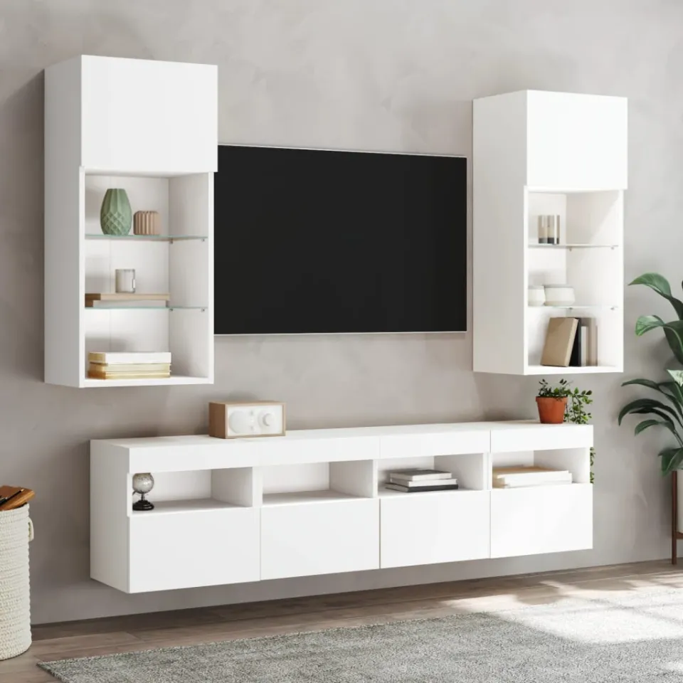 vidaXL 5-delige Tv-wandmeubelset met LED-verlichting bewerkt hout wit, foto 3