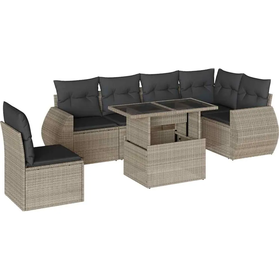 vidaXL 7-delige Loungeset met kussens poly rattan lichtgrijs grijs, foto 3