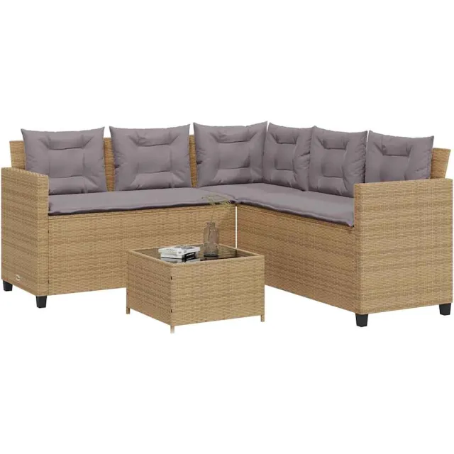 vidaXL Tuinbank met tafel en kussens L-vormig poly rattan beige