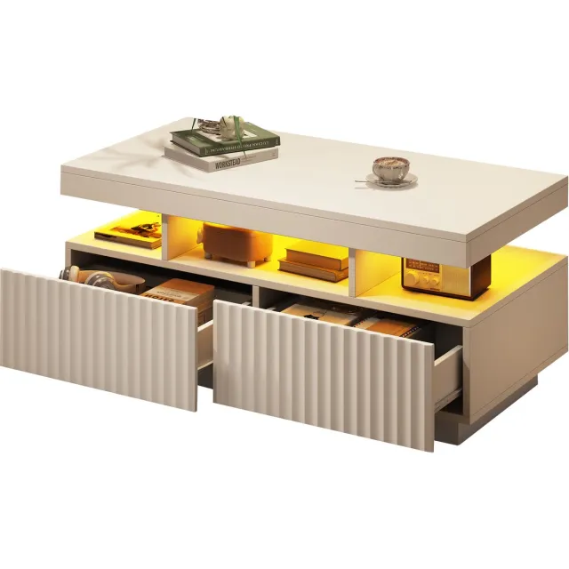 MUVANO Witte Salontafel Met Led - Moderne Koffietafel - Salontafel 100x50x45 cm - 2 Lades En Open Vak - App Gestuurde Verlichting - Woonkamer Wit