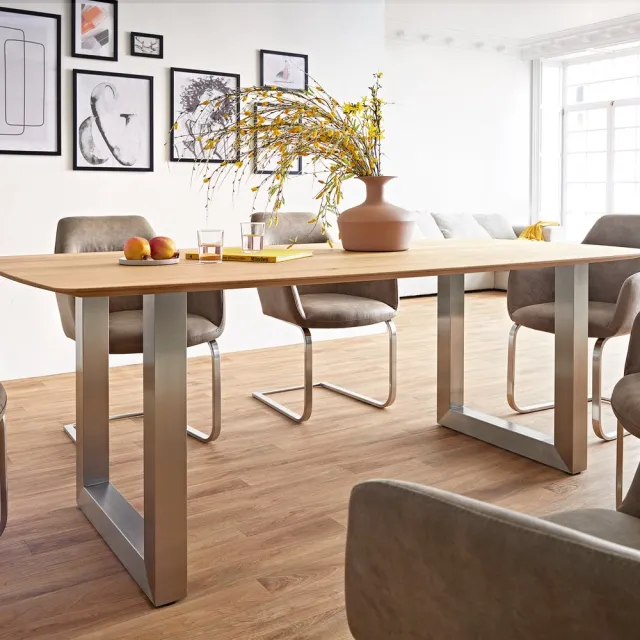 DELIFE Eetkamertafel Edge Boot eiken natuur 200x100x2,5-3 roestvrij staal breed Zwitserse rand Bruin