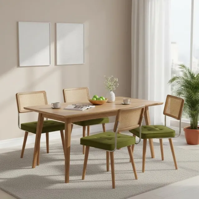 HOERFURIY Rotan Eetkamerstoelen Set van 4 - Cesca Stoelen Chroom & Hout Retro Groen
