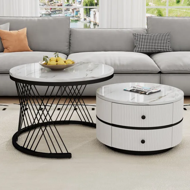 Maisentiel 2-delige ronde salontafelset 60/50 cm - hoogglans marmerlook MDF, wit