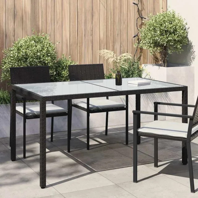 vidaXL Tuintafel 150x90x75 cm gehard glas en poly rattan zwart, foto 2