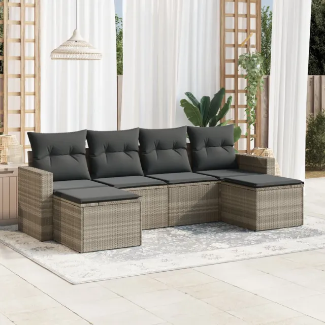 vidaXL 6-delige Loungeset met kussens poly rattan lichtgrijs grijs, foto 2
