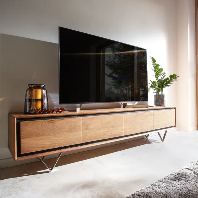 DELIFE Tv-meubel Stonegrace acacia natuur 200 cm 4 deuren steenfineer V-poot lowboard Bruin