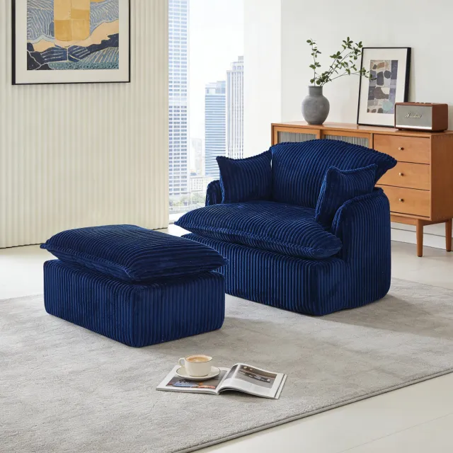 DESMIU Fauteuil Met Hocker 115 x 89 x 77 cm - Omkeerbaar Zitcomfort Met Bijpassende Hocker - Voor Woonkamer En Studentenkamer - Ribstof Blauw