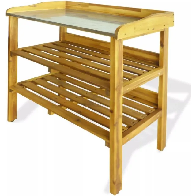vidaXL Oppottafel - met - 2 - schappen - massief - acaciahout - en - zink Bruin