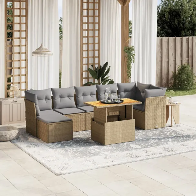 vidaXL 8-delige Loungeset met kussens poly rattan beige, foto 2