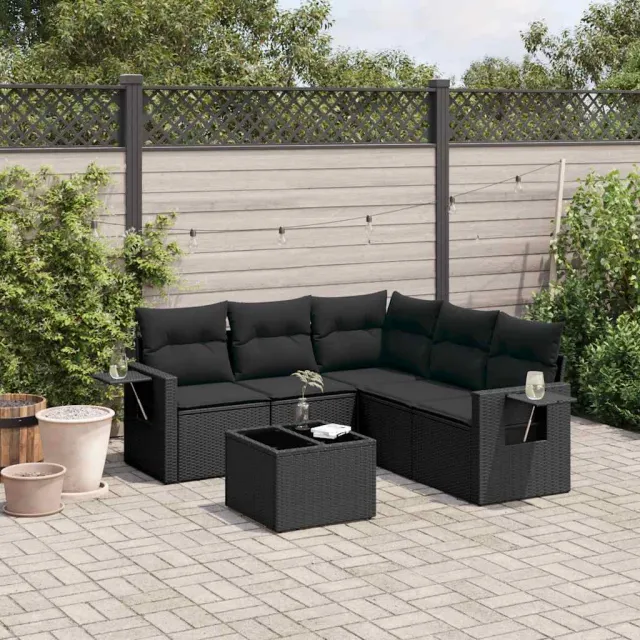 vidaXL 6-delige Loungeset met kussens poly rattan zwart, foto 2