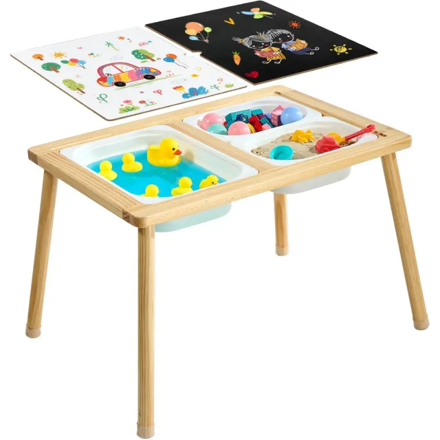 Vevor Sensorische Tafel, 7-in-1 Activiteitentafel met Omkeerbaar, Dubbelzijdig Tafelblad, Opbergdozen & Antislipvoetjes, Speelzand- & Watertafel, voor Kinderen van 3-6 Jaar natuurhoutkleur