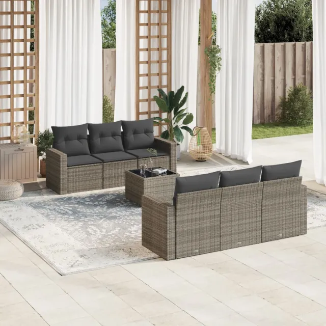 vidaXL 7-delige Loungeset met kussens poly rattan grijs, foto 2