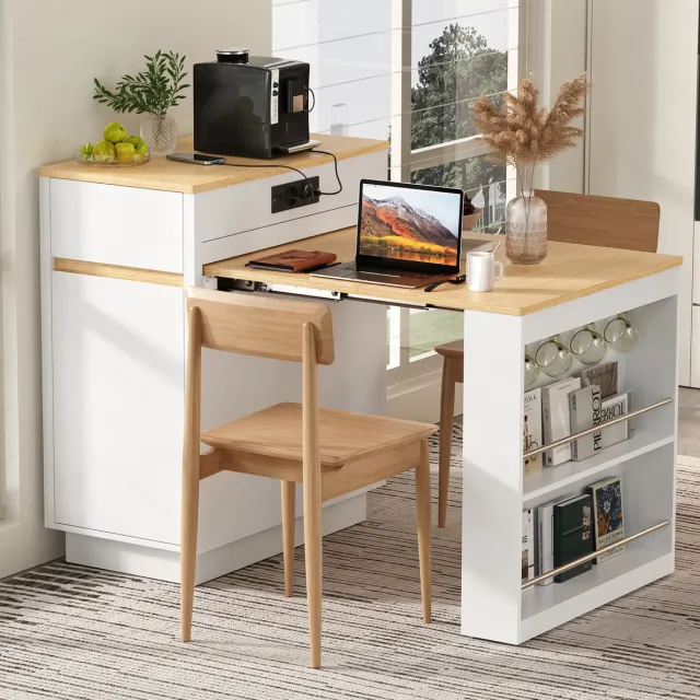 MODENUIT Eettafel - Uitschuifbare Keukeninzet Met Stopcontact En Haken - Wit MDF - 58-154x80,5x94 Cm