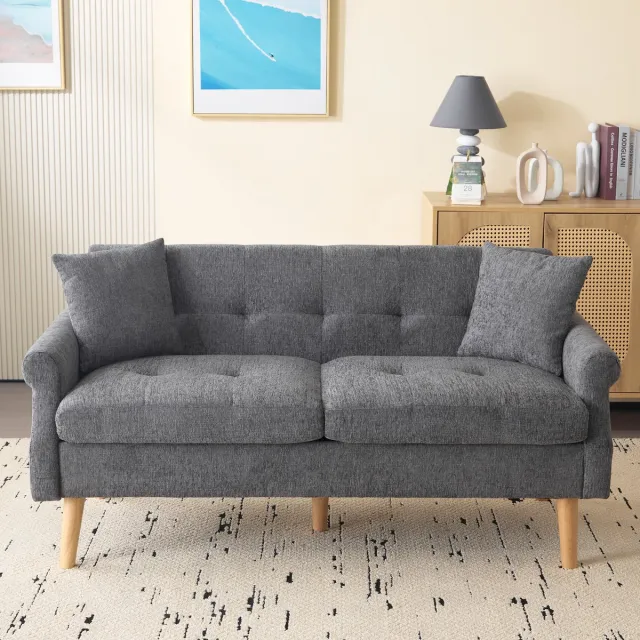 in& out door furniture Modernes 2-zits bank, comfortabele stoffen bank met dikke kussens, gezellige sofa voor woonkamer, slaapkamer, kleine woning, gestoffeerd meubilair in Scandinavisch design, Grijs