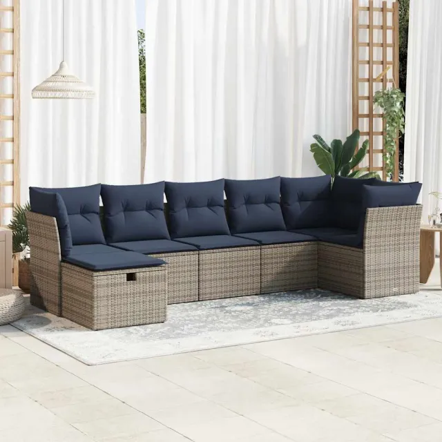 vidaXL 7-delige Loungeset met kussens poly rattan grijs, foto 2