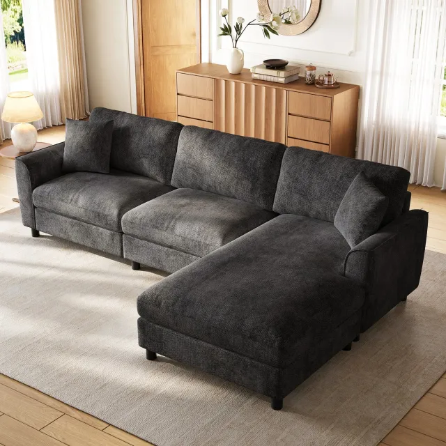 Wishdor Hoekbank 3-zits met omkeerbare chaise longue - Brede ligplek - Pocketvering - Afneembaar zitkussen - Minimalistisch design - Woonkamer - Chenille - Grijs - 256 x 137 x 79 cm