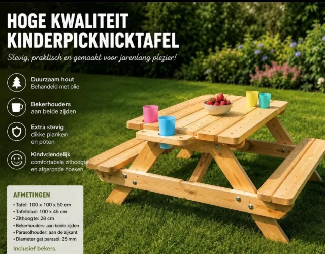 woodcreators hilversum kinderpicknicktafel - Slim ontwerp met bekerhouders inclusief 4 bekers - picknicktafel - tafel - tuintafel - zomer - parasol - kinderen houts kleur