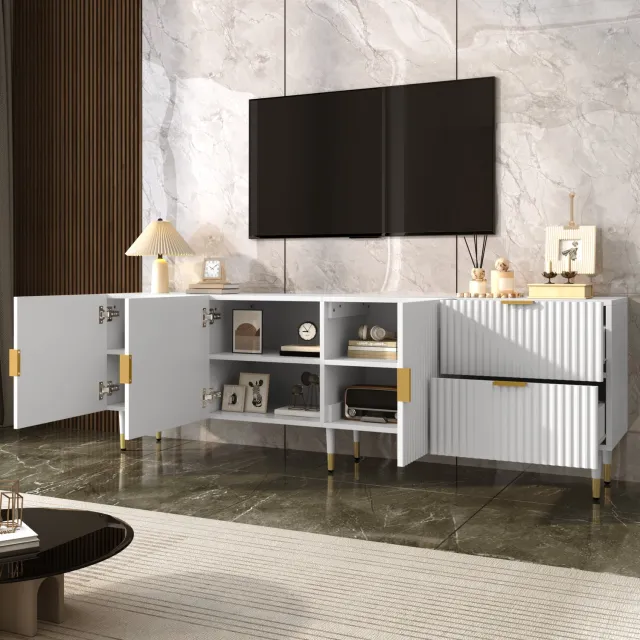 Clruro TV-Meubel - 170×35,5×55 cm - 3 Deuren en Laden - Gouden Accenten - MDF/Spaanplaat - Wit