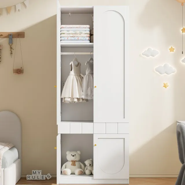 COVREO Kledingkast 80x50x200 cm – wit MDF, 2 deuren, kledingstang en drukopenende lades