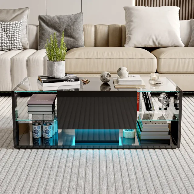 ROSAHQNDA Salontafel 100x50x35 cm met led verlichting, moderne koffietafel met 1 lade en opbergruimte, hoogglans tafel met gehard glas, mdf zwart