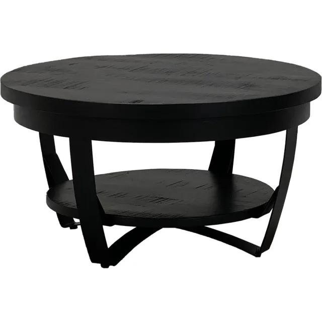 The Copperbarn Salontafel Industrieel Mangohout zwart rond 65 cm met onderblad