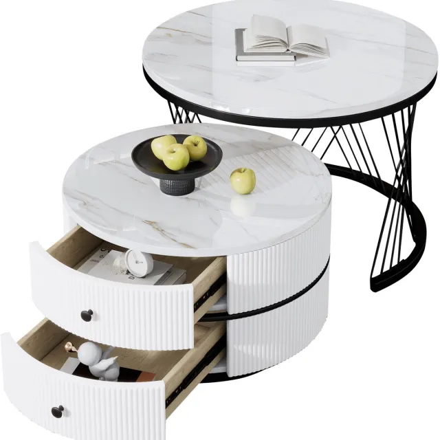 MUVANO Salontafel set van 2 - Ronde tafels marmerlook - Nesting tafels-Salontafel met lades - 60x60x46cm en 50x50x31cm- Ruimtebesparend- Woonkamer Wit