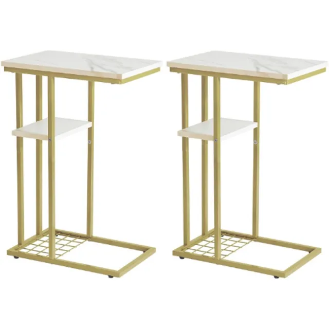 BOG C-Vormige Bijzettafel Set Van 2 - Bijzettafel Voor Bank En Bed - Salontafel Voor Kleine Ruimtes - Woonkamer Slaapkamer - Industrieel Klein Tafeltje Met Opbergplank - Marmerpatroon Wit Goud WIT/GOUD