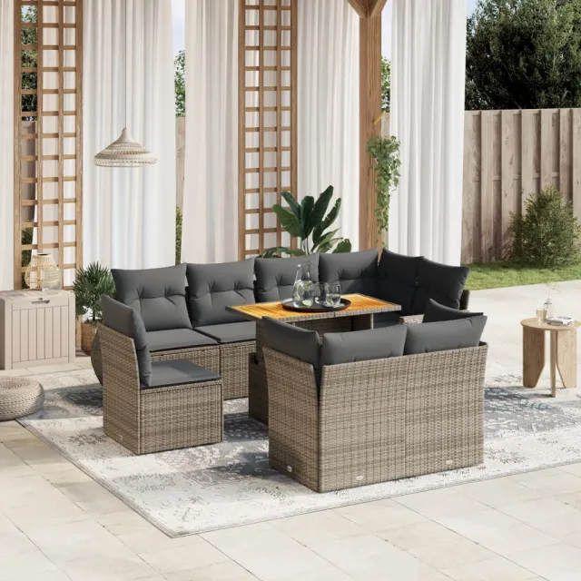 vidaXL 9-delige Loungeset met kussens poly rattan grijs, foto 2
