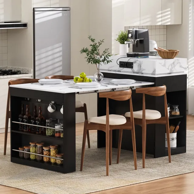 DESMIU Eettafel - Uitschuifbaar En Opklapbaar Met Stopcontact En Opbergruimte - Voor Keuken En Eetkamer - MDF En Glas - 83x46x96 Cm - Zwart