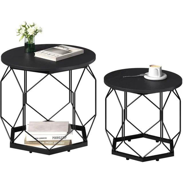 Klarven Salontafel Hout zwart - Salontafel Rond - Salontafel met Opbergruimte - Salontafel - Set van 2 - Stabiel Metalen Frame - Draagvermogen 25 kg - Ø50xh45cm