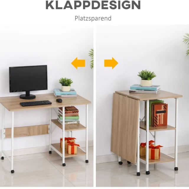 COVREO Bureau 107 x 55 x 76 cm wit MDF, opklapbaar met wielen en opbergrek
