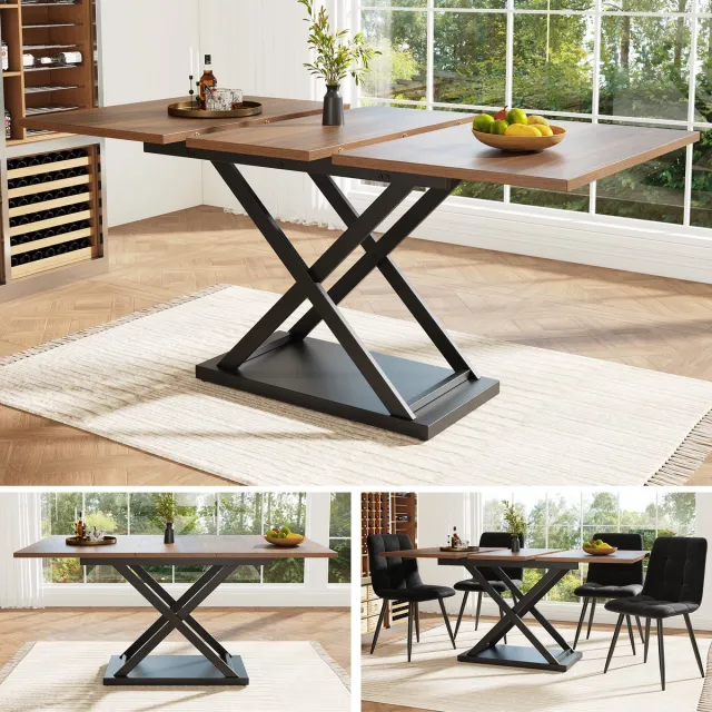 Clruro Eettafel Uitschuifbaar - 120-160 x 80 cm - Keukentafel Met Gekruiste Poten - Ruimtebesparend - MDF En Metaal - Walnoot Walnoot + zwart