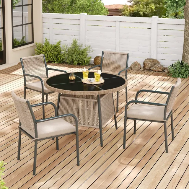 Merax Modern tuinmeubelset van rotan, ronde glazen tafel + 4 fauteuils, ijzeren frame, geschikt voor terras/balkon/dakterras Grijs