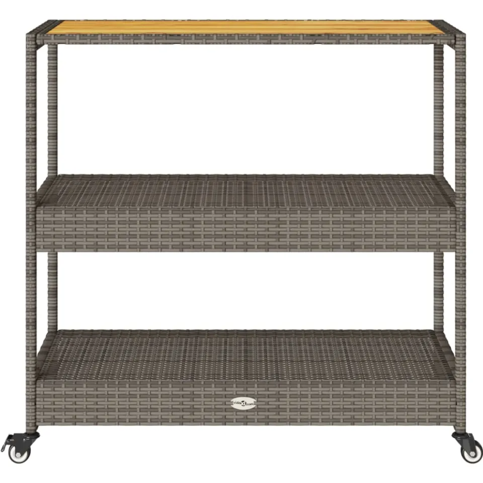vidaXL Keukentrolley 3-laags poly rattan en massief acaciahout grijs, foto 4