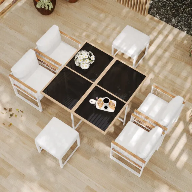 MODFU 7-Delige Tuinset - Met Tafel, 4 Stoelen En 2 Voetbanken - Voor Buiten - Metaal, Glas, Kunststof En Polyester Natuurlijk, wit